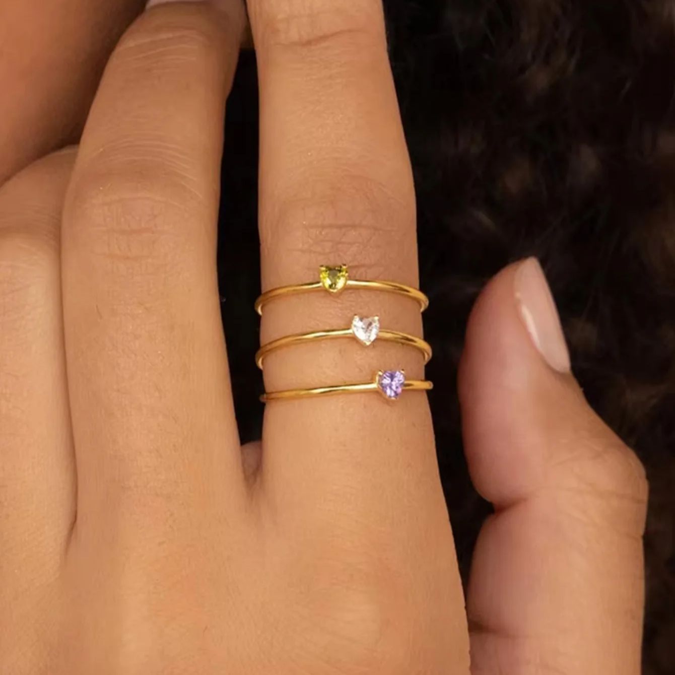 Birthstone Ring Set - 12'li Birthstone Zirkonya Kalp Yüzükler Kadınlar