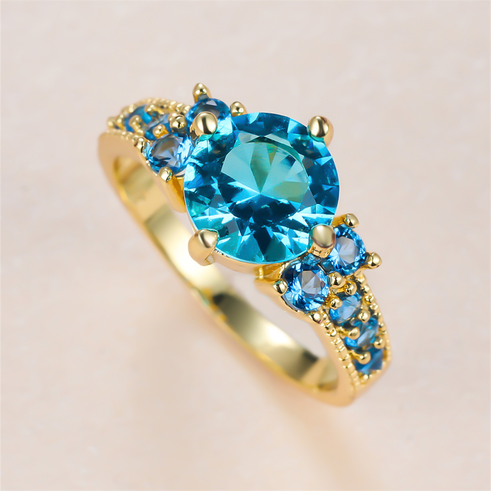 Birthstone Ring Set - Aqua Mavi Kristal Yuvarlak Taş Alyans