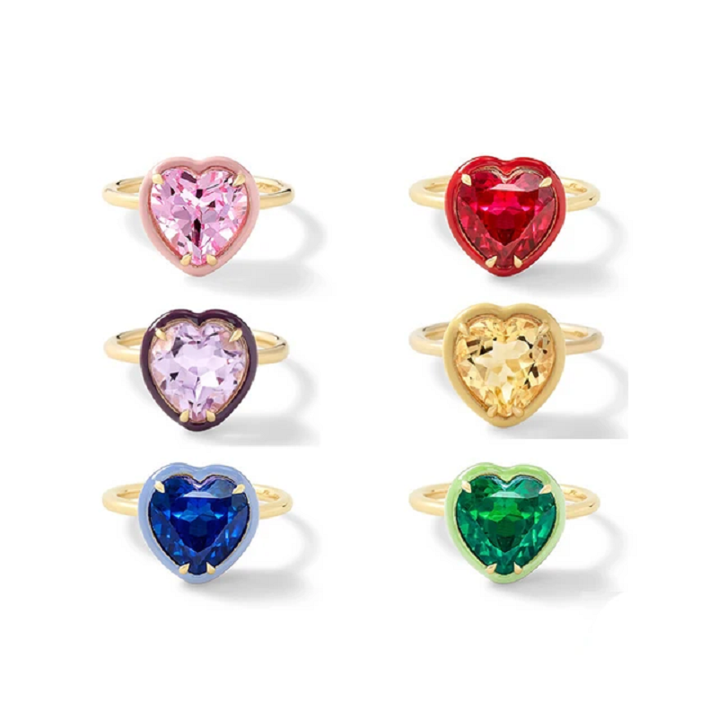 Birthstone Ring Set - Renkli kalp şekilli kübik zirkonya CZ